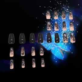 24Pcs Black Butterfly Press on Nails Glossy White Flower Medium Coffin False Nail Gradient Acrylic Full Cover Fake Nails French Gel Glue on Fingernails Ombre Stick on Nail for Holiday Manicure Art