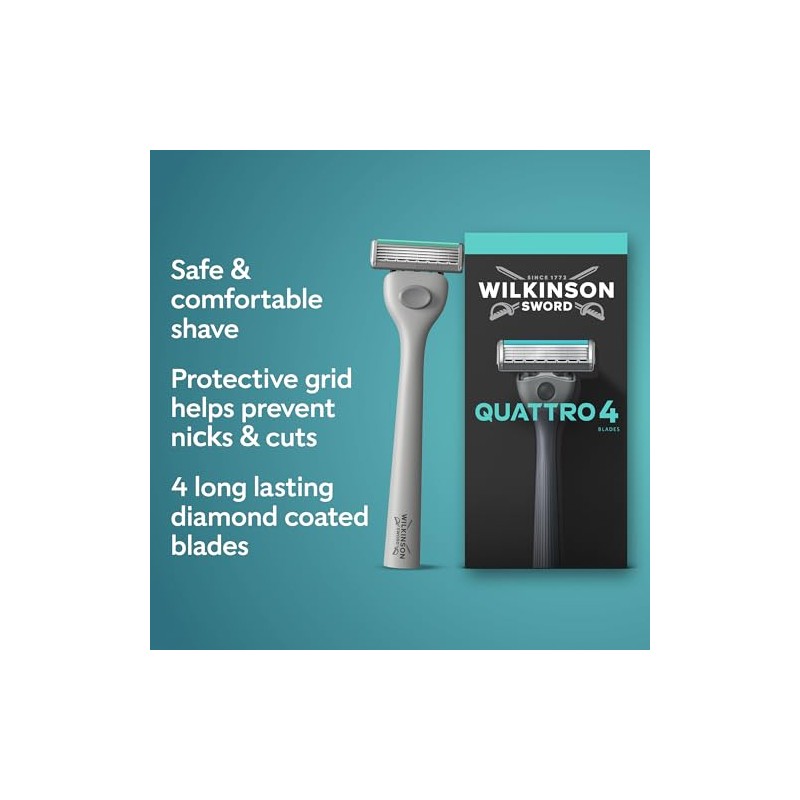 Wilkinson Sword Quattro Men’s Razor Handle, 1 Blade Refill |
