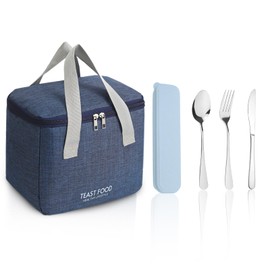 DIYJEP Insulation Lunch Bag with Portable Cutlery Set for Adults Kids Men Women, Leak-Proof Lunch Box Bag,Reusable Heat Cold Preservation Pack Lunch Bag for Lunch Foods Picnic School Work (Blue)