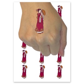Japanese Geisha Woman Kimono Fan Temporary Tattoo Water Resistant Fake Body Art Set Collection - 54 1" Tattoos (1 Sheet)