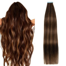 AGMITY Tape in Hair Extensions 100% Remy Human Hair Dark Brown with Chestnut Brown Balayage 40Gram Straight Seamless Skin Weft Tape in Extensions Real Human Hair(16 inches #P2/6/T2)