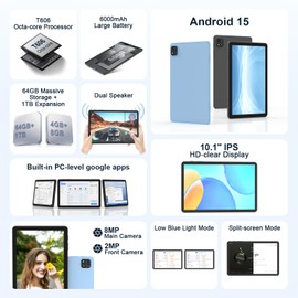 Tablet with Keyboard |12GBRAM+64 Storage(Expand to 2TB), 6000mAh Battery | Widevine L1, 10.1 in Tablet with 5G/2.4G WiFi | BT5.0 | GMS Certified | Mous | Case | Stylus | Keyboard (Blue)