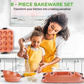 NutriChef 8 Piece Baking Pans Set - Nonstick Carbon Steel Bakeware Set with Silicone Handles, Big Baking Pan, Pizza Pan, Square Pan, Loaf Pan, Big Cookie Sheet, Round Pan, 12 Cup Muffin Pan (Copper)