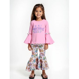 Unique Baby 2 Piece Girls Back to School Bell Bottom Leggings Outfit for Kids First Day of Kindergarten 1st 2nd 3rd Grade (12Y, Learning Era)