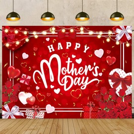 Happy Mother's Day Backdrop 8x6FT Glitter Heart Red Rose Best Mom Background for Photography Mothers Day Party Decorations Photo Props (96x72 inch)