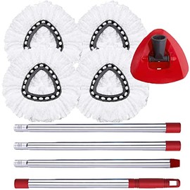 ANREKEYH Spin Mop Replace Head, Base, Handle Compatible with O Cedar EasyWring Microfiber Spin Mop, 4 Mop Refills Replacement Heads, 30-58in Mop Handle and 1 Mop Base Combo Set (White (1-Tank System))