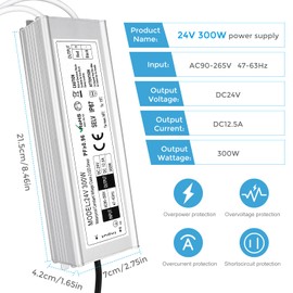 24V 300W LED Power Supply, Waterproof IP67 LED Driver, AC 110V to DC 24 Volt Low Voltage Transformer with 3-Prong Plug 3.3 Feet Cable for Indoor Outdoor LED Light, Computer Project