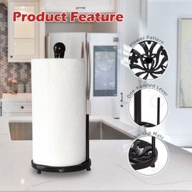 MINLUFUL Vintage Paper Towel Holder Countertop - Cast Iron Standing Roll Paper Towel Dispenser with Elegant and Heavy Daffodil Pattern Base for Kitchen Décor, Black