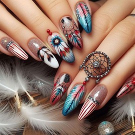 Press on Nails Medium Almond Glitter Colored Mandala Feathers French Tip Fake Nails with Designs Full Cover False Nails Medium Almond French Tip Glue on Nails Cute Acrylic Thick Stick on Nails for Women Nails Art 24Pcs BKS3340