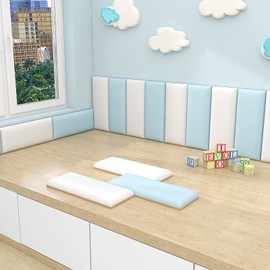 3D Anti-Collision Wall Padding for Kids, Peel and Stick Upholstered Wall Panels, Queen Headboard, Playroom Decorative Protection Wall Stickers, Pack of 2 Panels Sized 23.6” X 11.8” (Sky Blue)