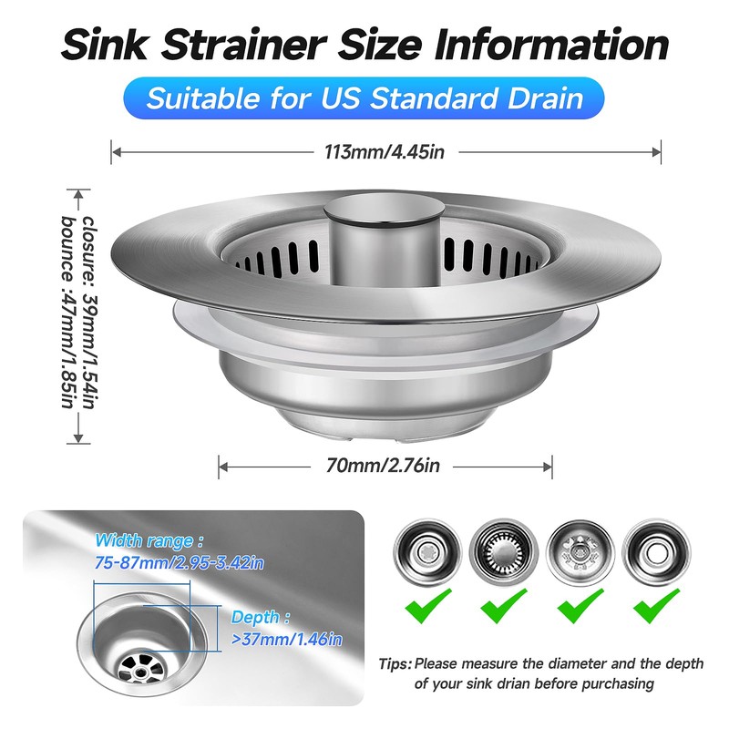 ULIOLI 3 in 1 Kitchen Sink Drain Strainer Sink Stopper,