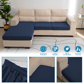 TOPYUMH Water Repellent Sectional Couch Cushion Covers L Shaped Sofa - Stretch Chaise Lounge Cover for Both Left/Right Sectional Couch for Kids, Pets (3 Seater+Chaise, Navy)