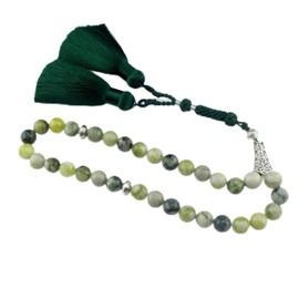 beirunde Tasbih Tesbih Islamic 33 Prayer Beads, Muslim Islam Subha Sebha Worry Beads, Allah Mohammed Ramadan Rosary,Misbaha Masbaha Tasbeeh Sibha Beads, cyan green jade Nature Stone Beads, Silver