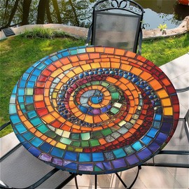 artslion Outdoor Round Tablecloth with Elastic Band 60In (150Cm) Elastic Garden Table Cover Wipe Clean with Twirl Glass Pattern