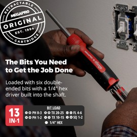 MEGAPRO® Original Ratcheting Multi-Bit Screwdriver with ¼” Hex Shaft | Phillips, Torx, Flat, Square | Trades Screwdriver