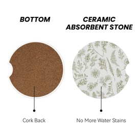 Vintage Green Flower Car Cup Coaster 2 Pack Ceramic Absorbent Car Coasters 2.56 Inch Non-Slip Car Cup Holder Interior Car Accessories for Women Girls Cup Mats with Cork Base and Finger Notch