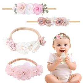 Pack of 4 Baby Hair Bands, Delicate Flower Nylon Headbands, Headband Baby Girl, Flower Elastic Hair Band, Hair Accessories, for Party, Wedding, Christening, Family Photo Gifts and Parties