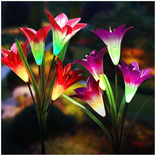 TONULAX Solar Garden Lights Outdoor - New Upgraded, Multi-Color Changing Lily Solar Lights for Patio,Yard Decoration, Bigger Flower and Wider Solar Panel (2 Pack,Purple and Red)