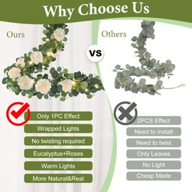 MACTING 6.6FT Eucalyptus Garland with Lights Spring Baby Breath Flower Garland with 12 Champagne Roses Artificial Floral Greenery Vine for Table Arch Backdrop Wedding Valentines Day Decor