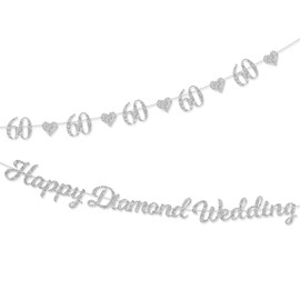 60th Happy Diamond Wedding Anniversary Banner, 60th Wedding Anniversary Decorations,Silver Glitter Bunting Wedding Decorations, Happy 60th Anniversary Party Decoration