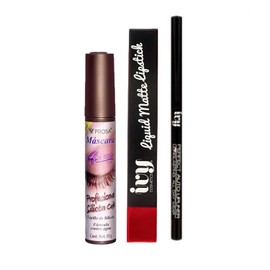 Kit Máscara de pestañas Profesional Prosa + Labial liquido mate y delineador retractil IVY |Maquillaje Ojos y Labios (Cafe)