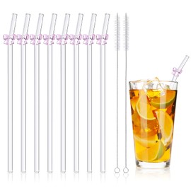 8Pcs Pink Bow Glass Straws - 9"x 8mm Reusable Glass Straw with Charms, Cute Drinking Straw for Ice/Hot Beverages, Pink Coquette Party Decorations Supplies Gifts