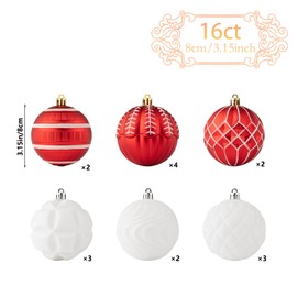 3.15'' Red and White Christmas Ornaments, 16PCS Shatterproof Plastic Christmas Ball Ornaments, Christmas Baubles Hanging Decorations for Xmas Tree Party Holiday Wedding (Red & White)