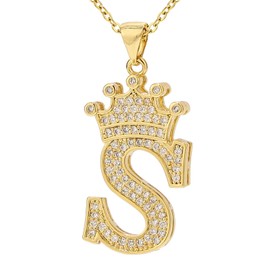 UALGL A-Z Letters Necklace Crown Necklace for Men Women 18K Gold Plated Letters Pendants with 23'' Chain Hip Hop Alphabet Name Jewelry Mom Gifts (Yellow-s)