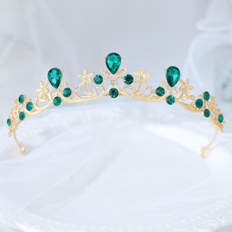 Gold Green Princess Tiara for Women Small Bride Crown for