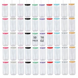 50 Pack 16 oz Acrylic Mason Jar Cups, Plastic Mason Jars with Colorful Lids and Straws Clear Cups with Plastic Lids and Straws Iced Coffee Cups Drinking Jar Tumblers for Party Beer Soda Tea Juice Gift