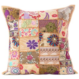 Eyes of India Decorative Patchwork Boho Throw Pillow Cover, Colorful Bohemian Cushion Case for Sofa Couch, Handmade Accent Bedroom Living Room, 16x16 Inch (40x40 cm), Light Brown