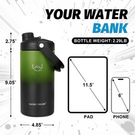 NATURE PIONEOR 64 oz Insulated Water Bottle - Double Vacuum Stainless Steel Half Gallon Water Jug with Holder/Carrier, Wide Mouth, Outdoor Sports, Hiking, Camping, Gym