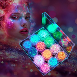 Fluorescent Glitter 12 Colours, Body Glitter, Festival Glitter, Glitter Gel for Nail Art and Body, Face, Hair, Clothing Decoration, Feminine Glitter Make-Up Sequins and Festival Accessories