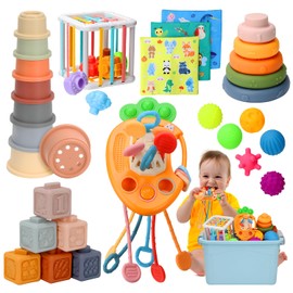 Baby Toys 6 to12 Months, 7 in-1 Montessori Toy for 6-9-12-18 Month Old with Pull String Toy, Sensory Bin Toys, Stacking Baby Blocks & Soft Infant Ring & Sensory Ball, Stacking Cups for Toddler 1-3Gift