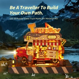 FUNPOLA 3D Wood Puzzle Travel Truck Model - DIY Miniature Adventure Truck Kit with LED Lights - Creative Gift for Kids and Adults(Travel Truck)