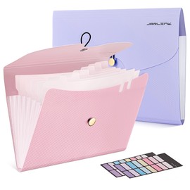 JARLINK 7 Pockets Expanding File Folder, A4 Accordion File Folders with 12 Labels, Cute Paper Organizer, Portable Document Organizer for College School Office Supplies, Macaron Pupple & Macaron Pink