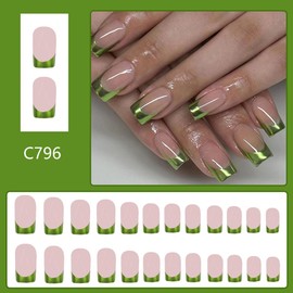 Green Aurora French Tip Press on Nails Square Short Fake Nails Nude Skin Color Full Cover False Nails Acrylic Nails Reusable Artificial Nails Glue on Nails for Women Nail Art Decorations 24Pcs