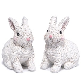 Hodao Set of 2 Woven Easter Bunny Figurines - 4.8" Tall White Rabbit Resin Sculptures with Handcrafted Wicker-Style Design for Easter and Spring Home Décor (White Set 2)
