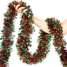 50FT Christmas Tinsel Garland Decorations - Metallic Tinsel Twist Garland for Christmas Tree Decorations, Xmas Tree Decor Home Indoor Outdoor Holiday Party Supplies (Green and Red)