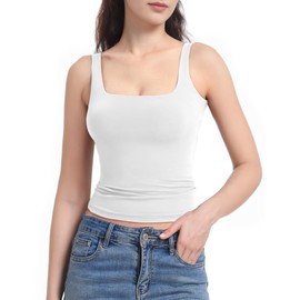 AURUZA Tank Tops for Women, Square Neck Tank Top Double Lined Basic Tops Sleeveless Workout Summer Shirts (White, M)