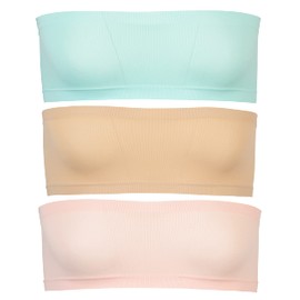 Popular Girls Strapless Bandeau Bra - Seamless Girls Training Bras for Teens. Sports Tube Top Bra 8-14 Age 3PK NUD PNK BLU