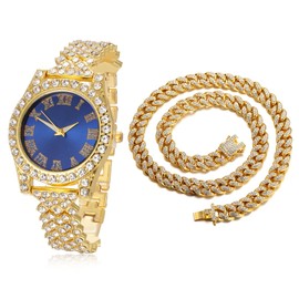 Halukakah Diamonds Gold Watch Iced Out, Kid's 18K Real Gold/Platinum White Gold Plated 36MM Width Green/Blue/Red Dial Quartz Wristband 8" with Cuban Link Chain 7"+16" Necklace Bracelet, Free Giftbox,