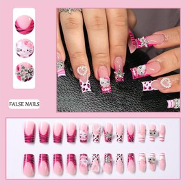 French Tip False Nails - Long Coffin Gothic Press On Nails With Glue - Pink Leopard Kitty Pearl Love With Star Rhinestone Design - Removable Full Cover Women Nail Art Pink