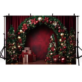 MEHOFOND 7x5ft Christmas Backdrop Winter Green Arch Red Bow Gift Xmas Tree Photography Background Adult Children Portrait Home Party Decoration Banner Studio Supplies