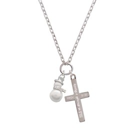 Delight Jewelry Silvertone Imitation Pearl Snowman - Strength and Dignity Engraved Cross Zoey Necklace, 28"