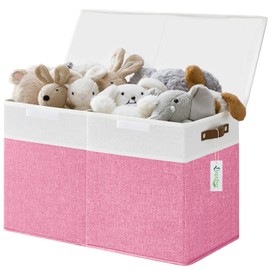 Bagnizer Large Toy Storage Box with Lids, Collapsible Sturdy Baby Storage Organizer Chest Bin Basket for Kids, Boys, Girls, Playroom, Nursery, Bedroom, Closet 25"x13"x16" (Pink and White)