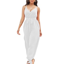 LightlyKiss Women's Sexy Spaghetti Strap Sleeveless Elegant Jumpsuits Wide Leg Summer Fashion Long Pants Rompers White Medium