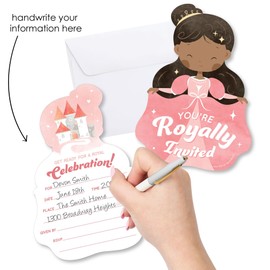 Big Dot of Happiness Princess Birthday Invitations (Skin Tone 3), You're Invited Pink Royal Princess-Shaped Party Fill-In Invitation Cards with Envelopes for Girls' Birthday - Set of 12