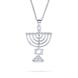 Bling Jewelry Traditional Religious Judaica Hanukkah Menorah Star of David Pendant Necklace for Women Teens Bat Mitzvah Silver Plated