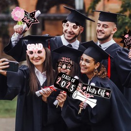mdgfge 24 Pcs Pink Graduation Photo Booth Props 2025 Large Selfie Congrats Grad Photography Props Class of 2025 Grad Graduation Signs for Congratulations School Class Party Photoshoot Decor Supplies